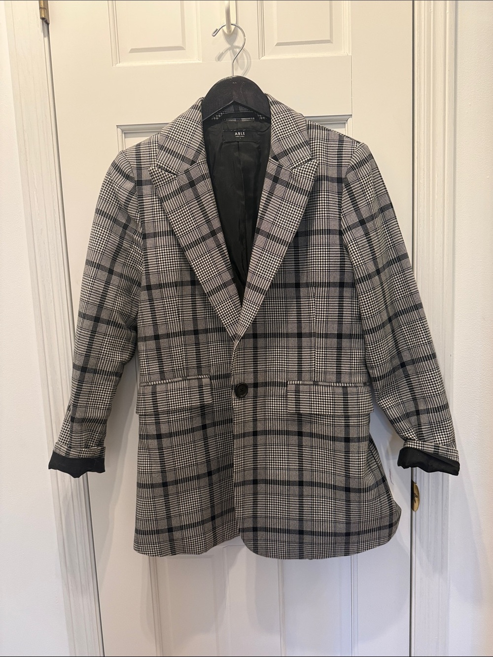 Able Black and Gray Plaid Single-Button Blazer